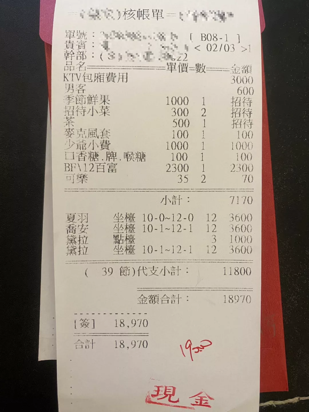 酒店消費帳單